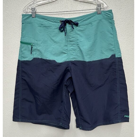 PATAGONIA Board Shorts Mens 35 WAVEFARER 10” Inseam Green Blue Swim Beach Trunks - Picture 1 of 8